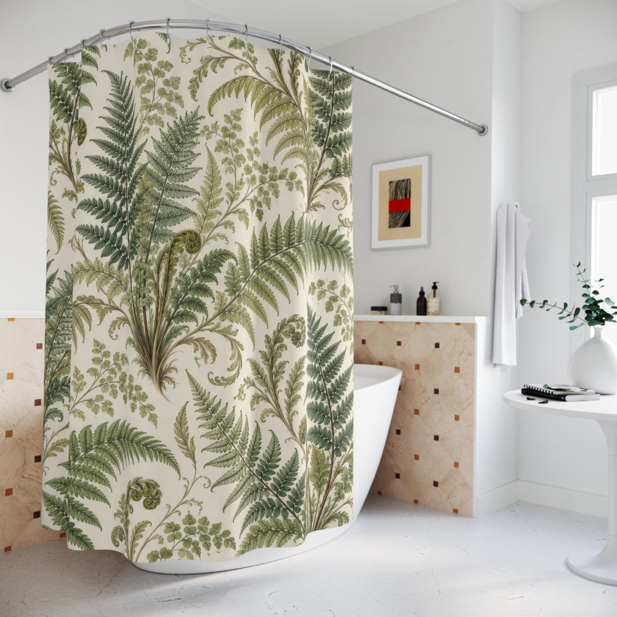 Green fern fronds and curled fiddleheads on ivory shower curtain beside a freestanding tub