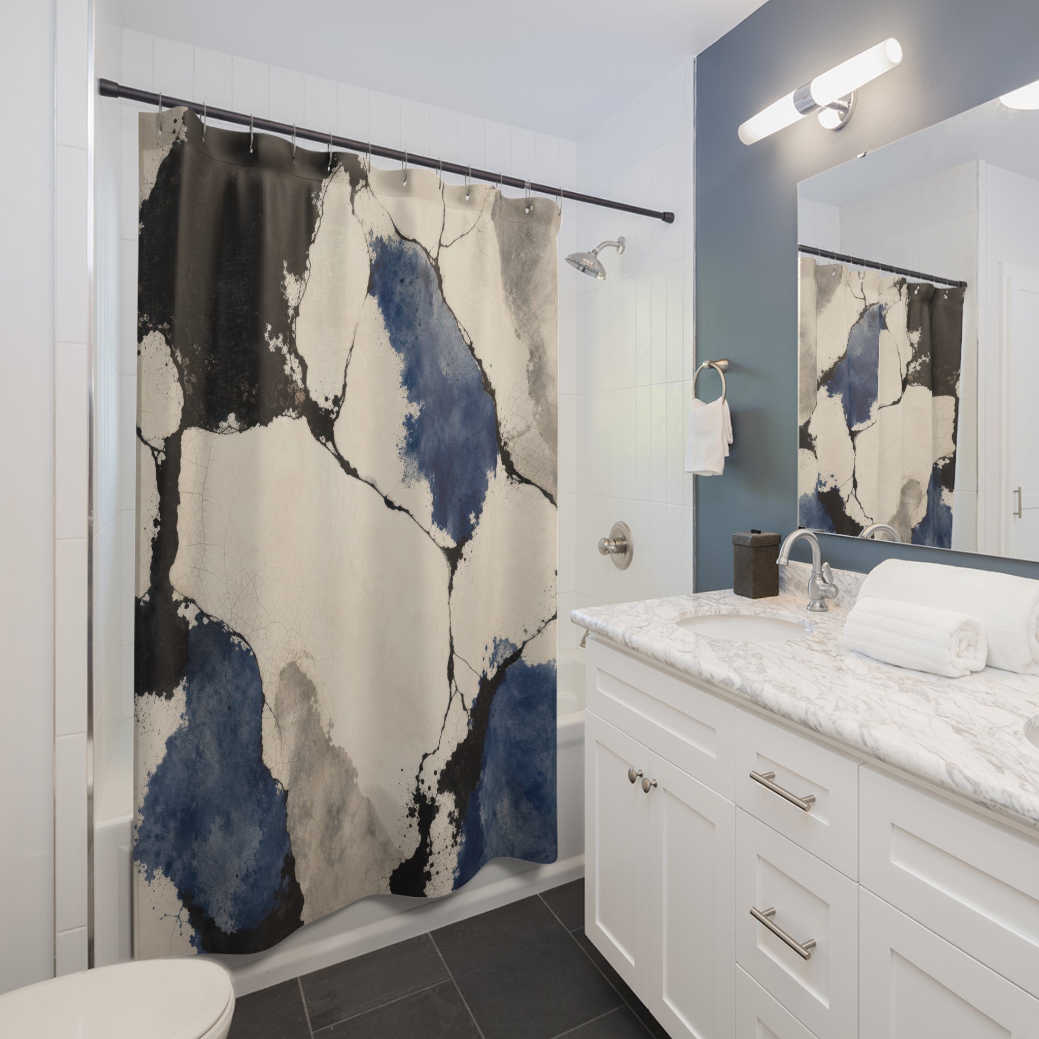 Black White Stone Blue Abstract Shower Curtain