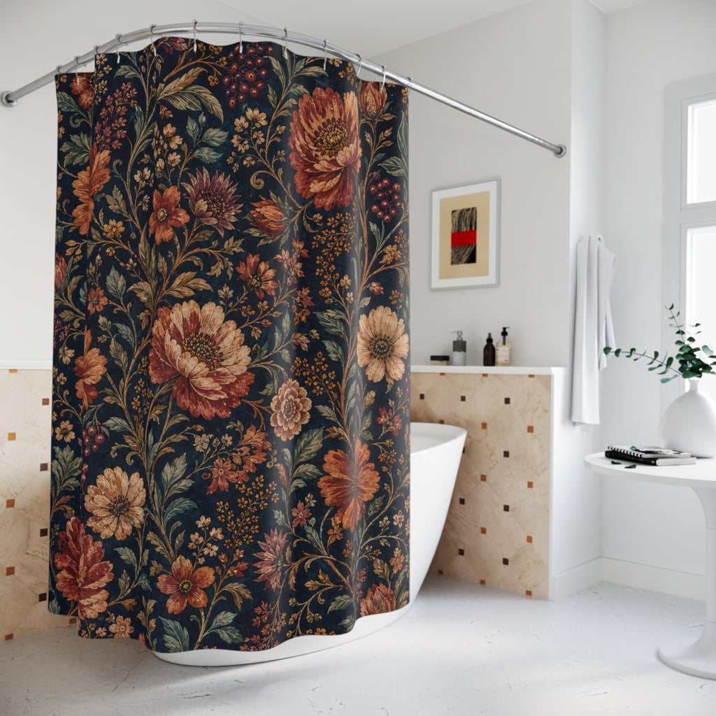 Navy Boho Botanical Dark Floral Shower Curtain