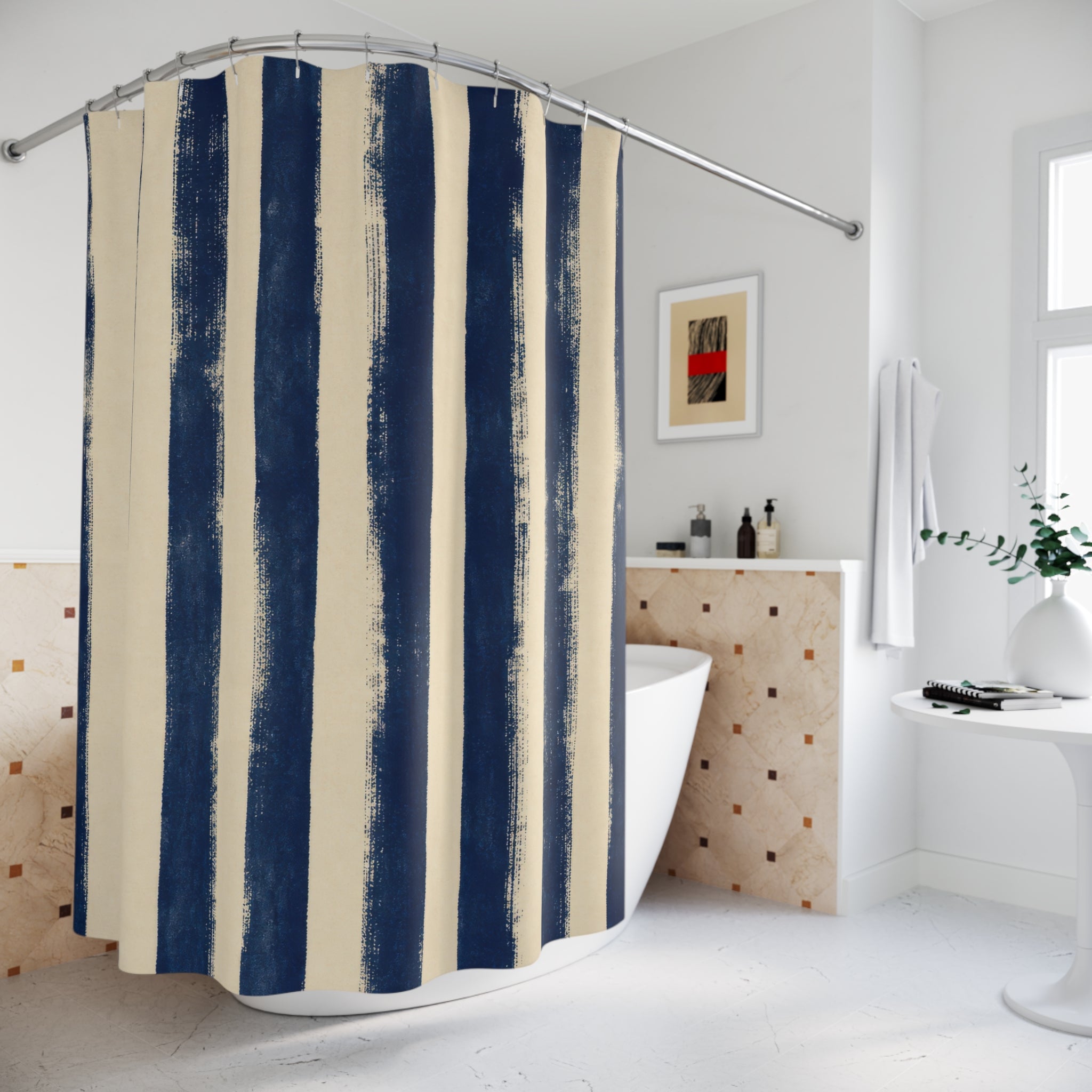 Rough Navy Indigo Brush Stripe Shower Curtain