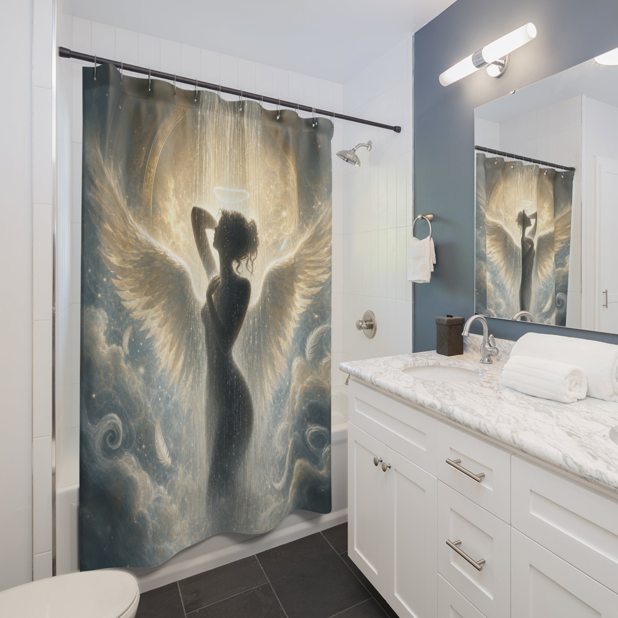 Unique Angel Shower Curtain, Halo Wing Silhouette Art, Celestial Gold Blue Bathroom Decor, Ethereal Spiritual Wall Guest Bath Gift For Home