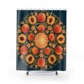 Peaches in a gold botanical medallion on teal shower curtain with full front view