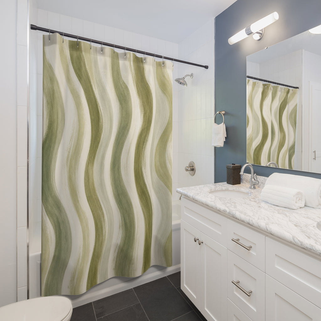 Olive Cream Wave Stripe Shower Curtain