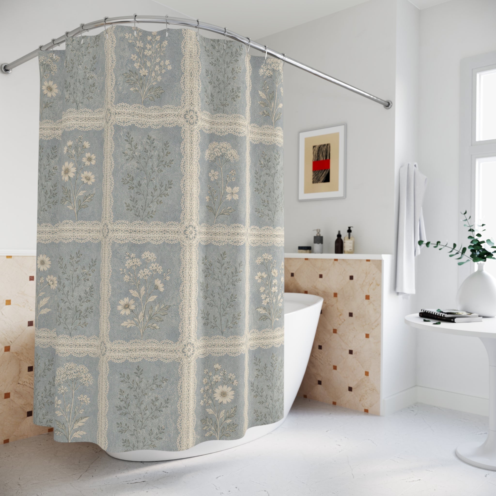 Farmhouse Floral Tile Blue Shower Curtain