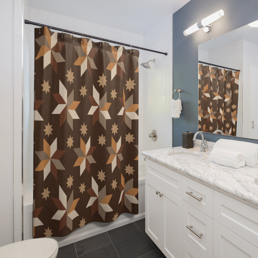 Caramel, taupe and cream folk stars on cocoa brown shower curtain beside a white vanity