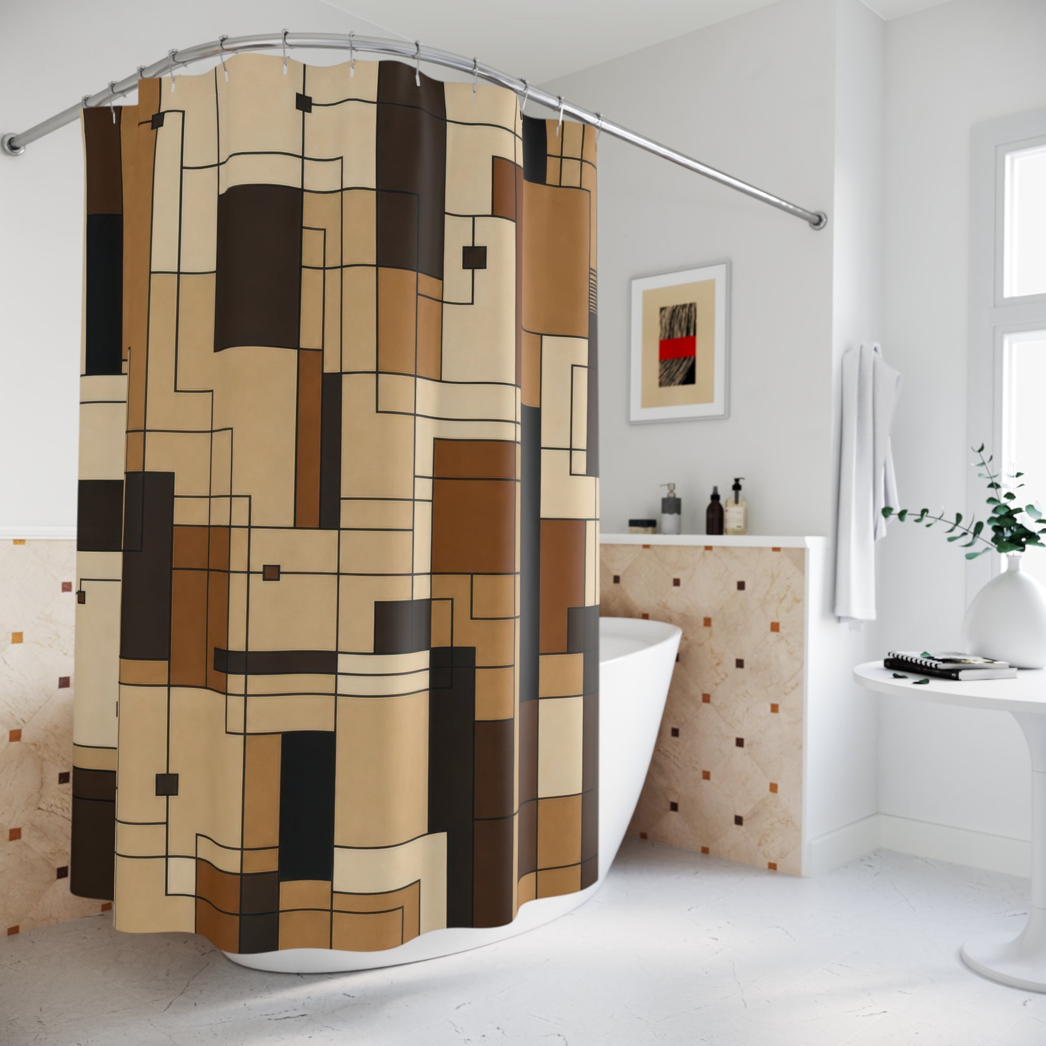 Geometric Shower Curtain, Black Brown Architectural Bath Decor, Cream Tan Line Grid Pattern, Modern Neutral Guest Bathroom Decor Style