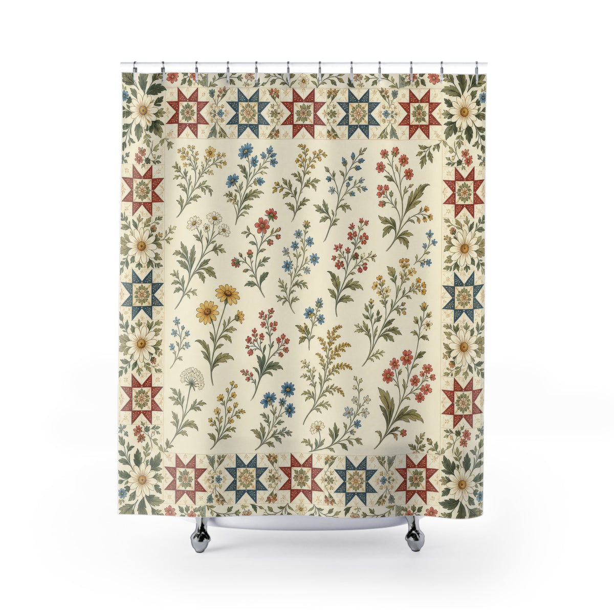 Patchwork Quilt Border vintage floral shower curtain with full front view