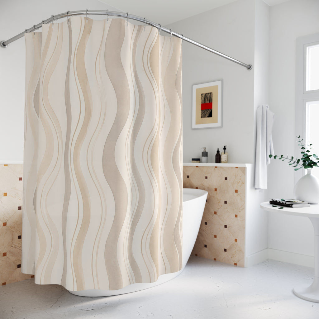 Beige Gray Wavy Stripe Shower Curtain