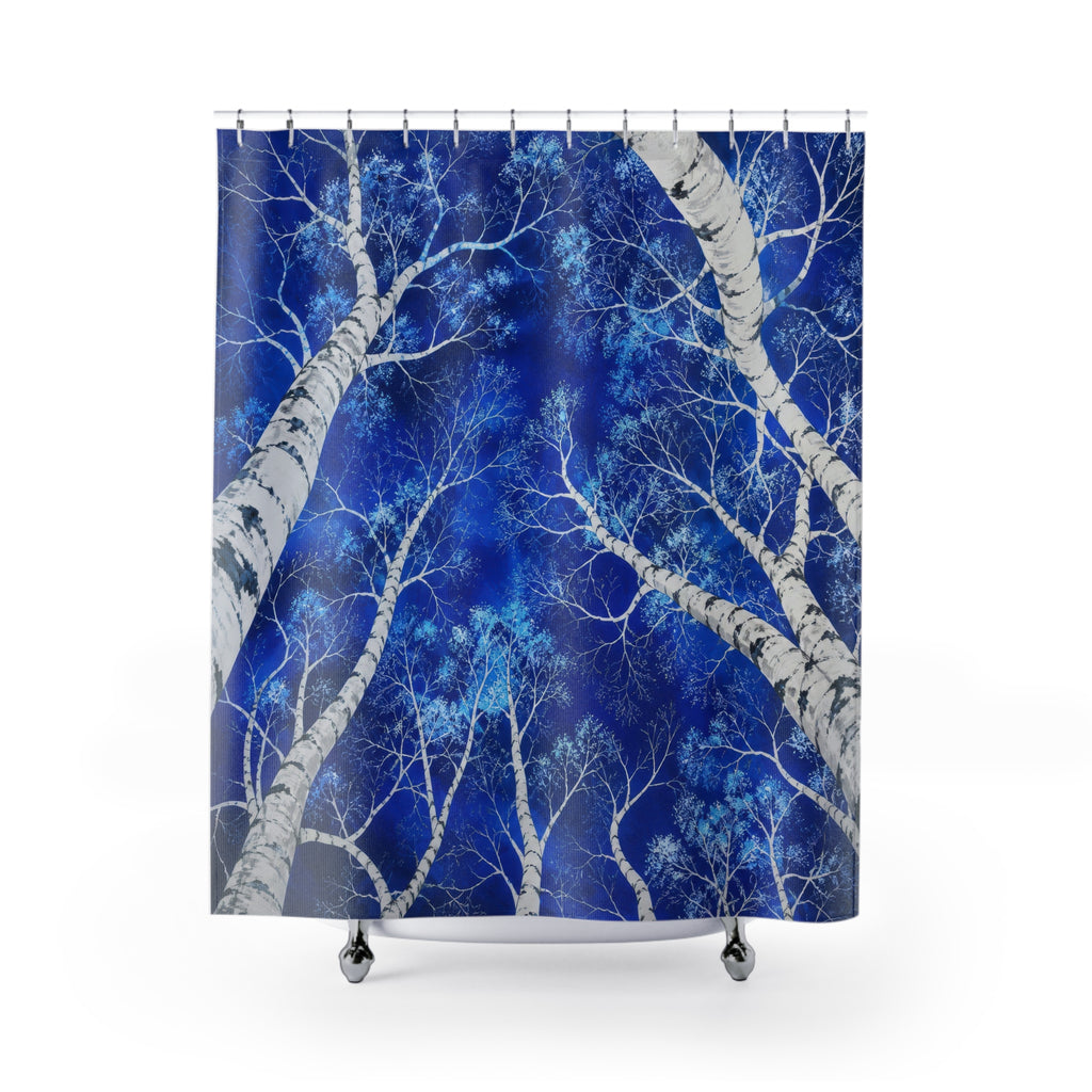 White birch canopy against cobalt blue shower curtain with full front view