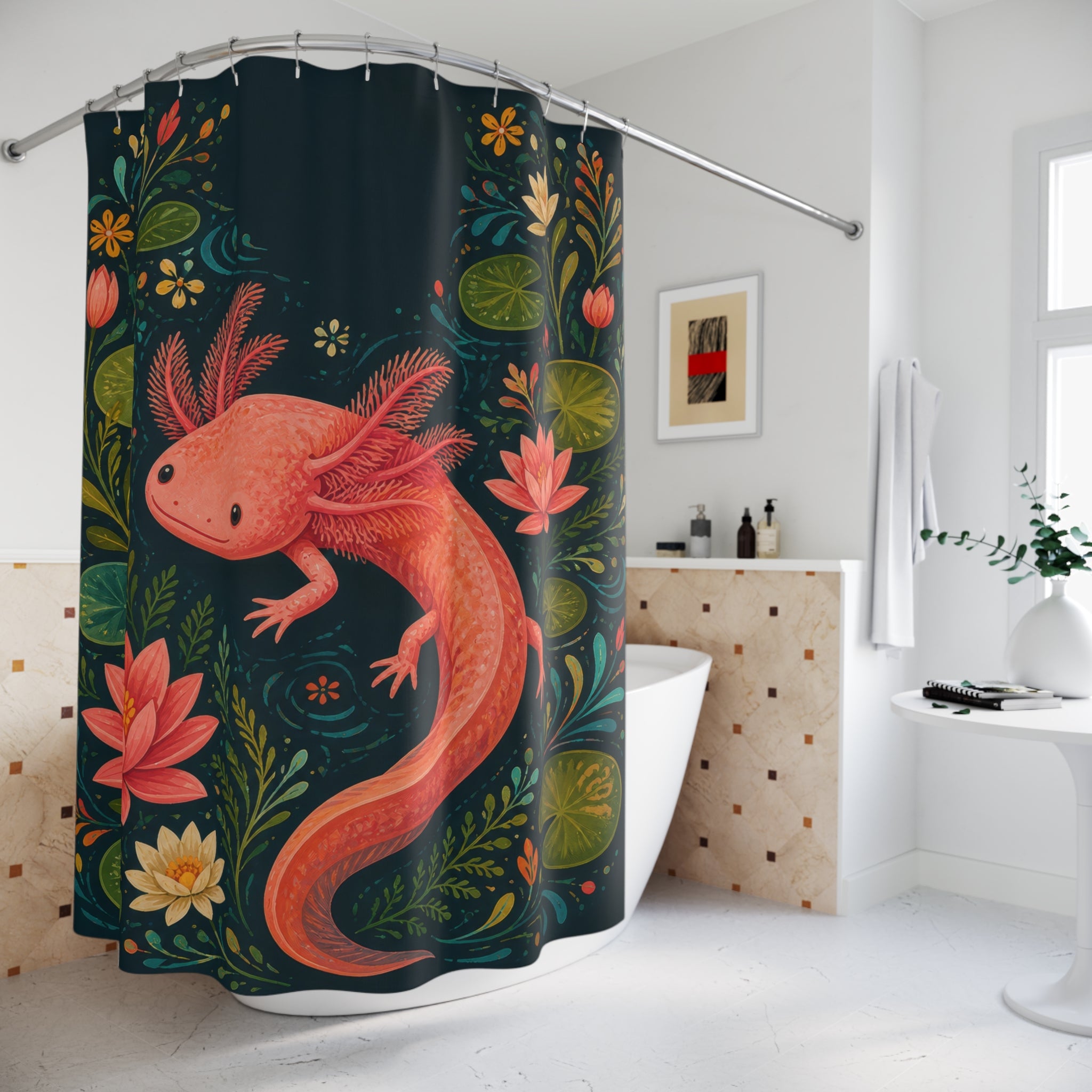 Rose axolotl in a deep teal water garden shower curtain beside a freestanding tub
