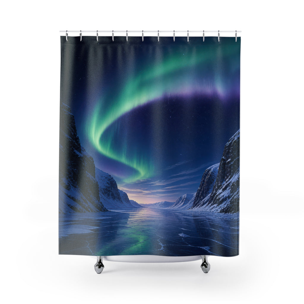 Emerald aurora above a frozen fjord and snowy cliffs shower curtain with full front view