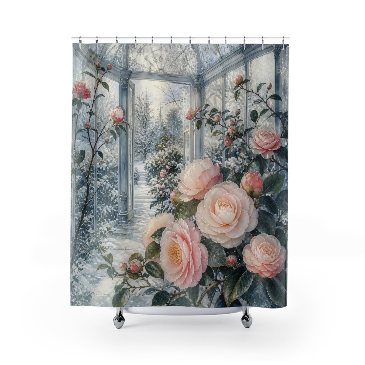 Blush winter camellias in a frosted glass conservatory shower curtain with full front view