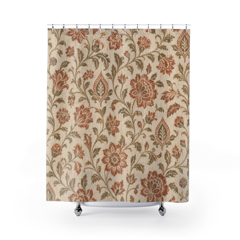 Terracotta Floral farmhouse block print shower curtain with full front view