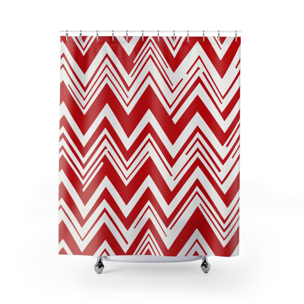 Red Chevron Shower Curtain, Bold Zig Zag Pattern, Red White Geometric Bath Decor, Modern Graphic Guest Bathroom Accent, Retro Style