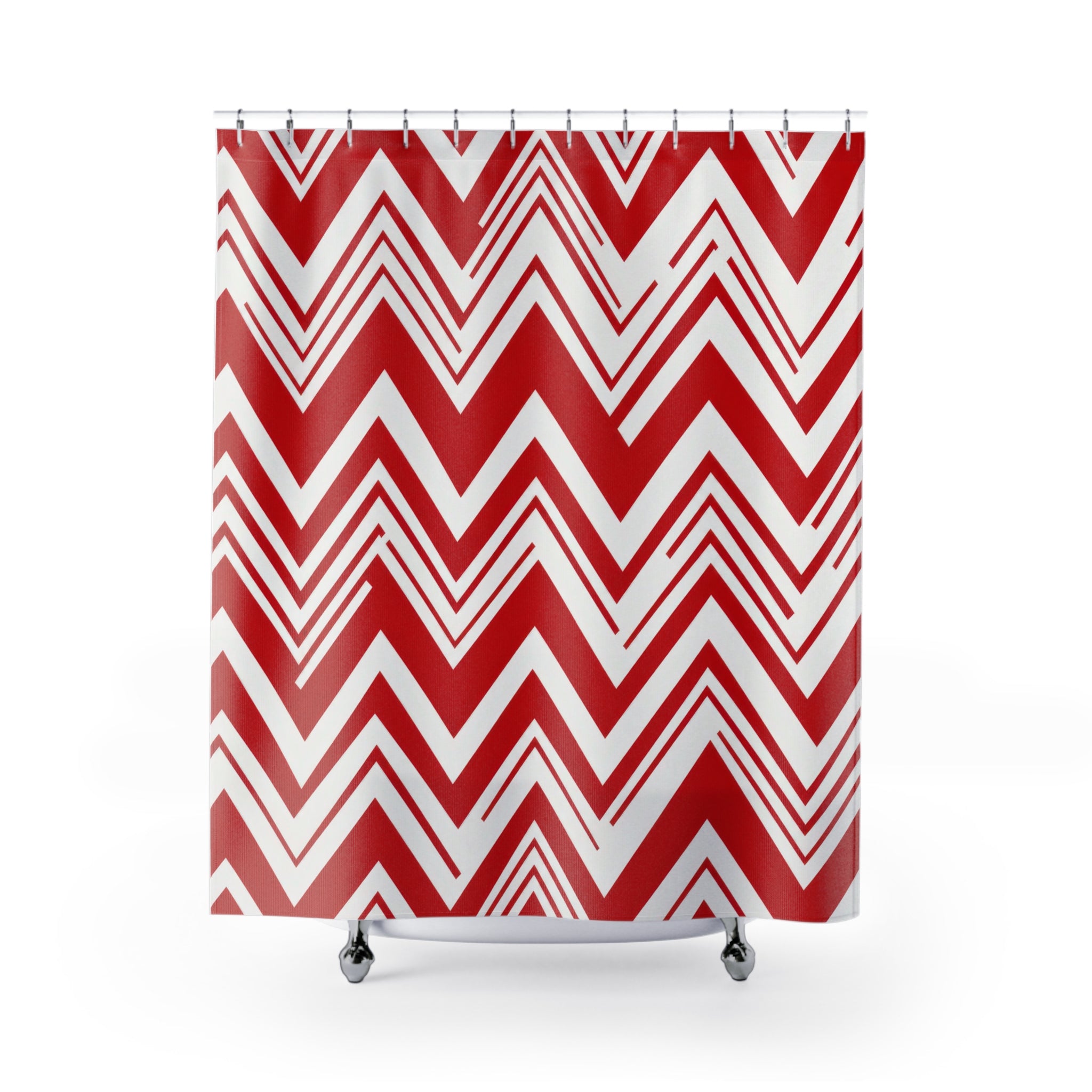 Red Chevron Shower Curtain, Bold Zig Zag Pattern, Red White Geometric Bath Decor, Modern Graphic Guest Bathroom Accent, Retro Style