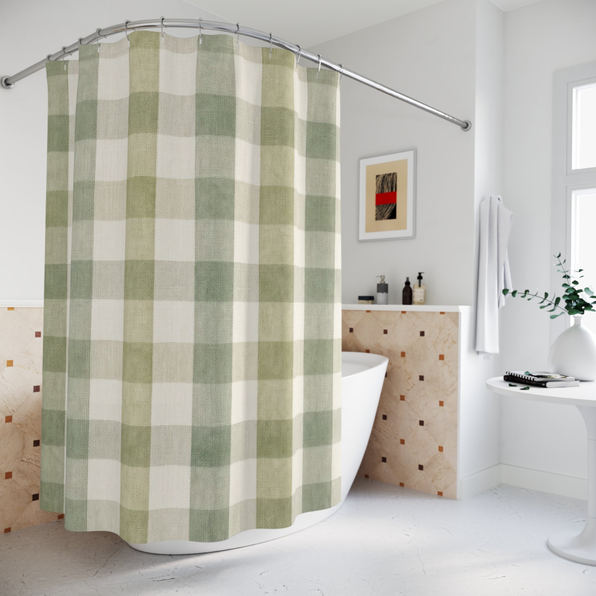 Sage Cream Check Shower Curtain