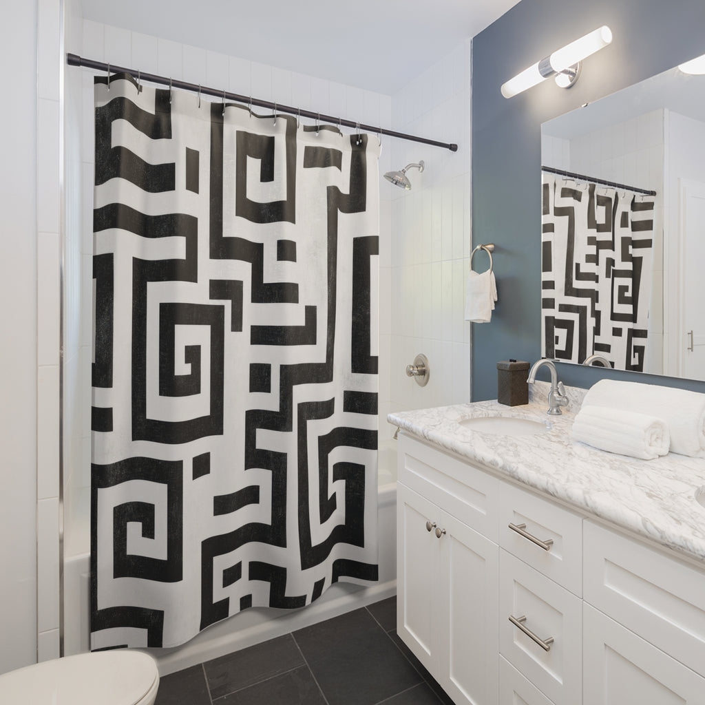 Black White Geometric Maze Shower Curtain