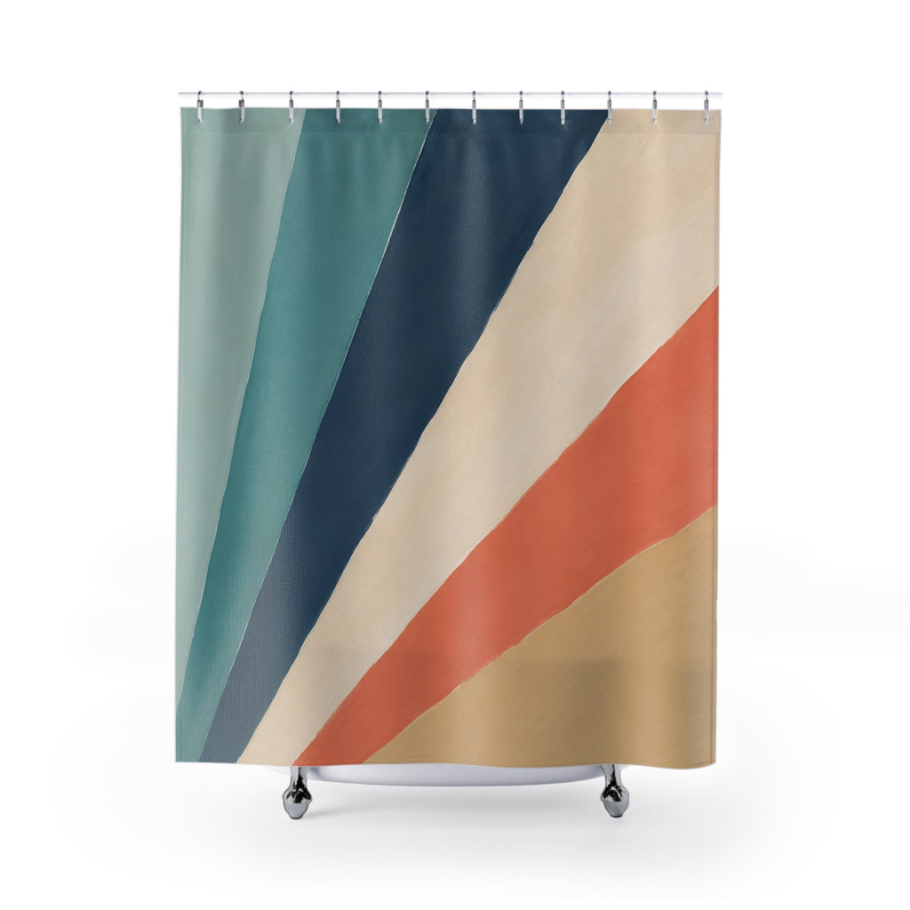 Radiating wide teal navy coral gold and cream stripes shower curtain with full front view