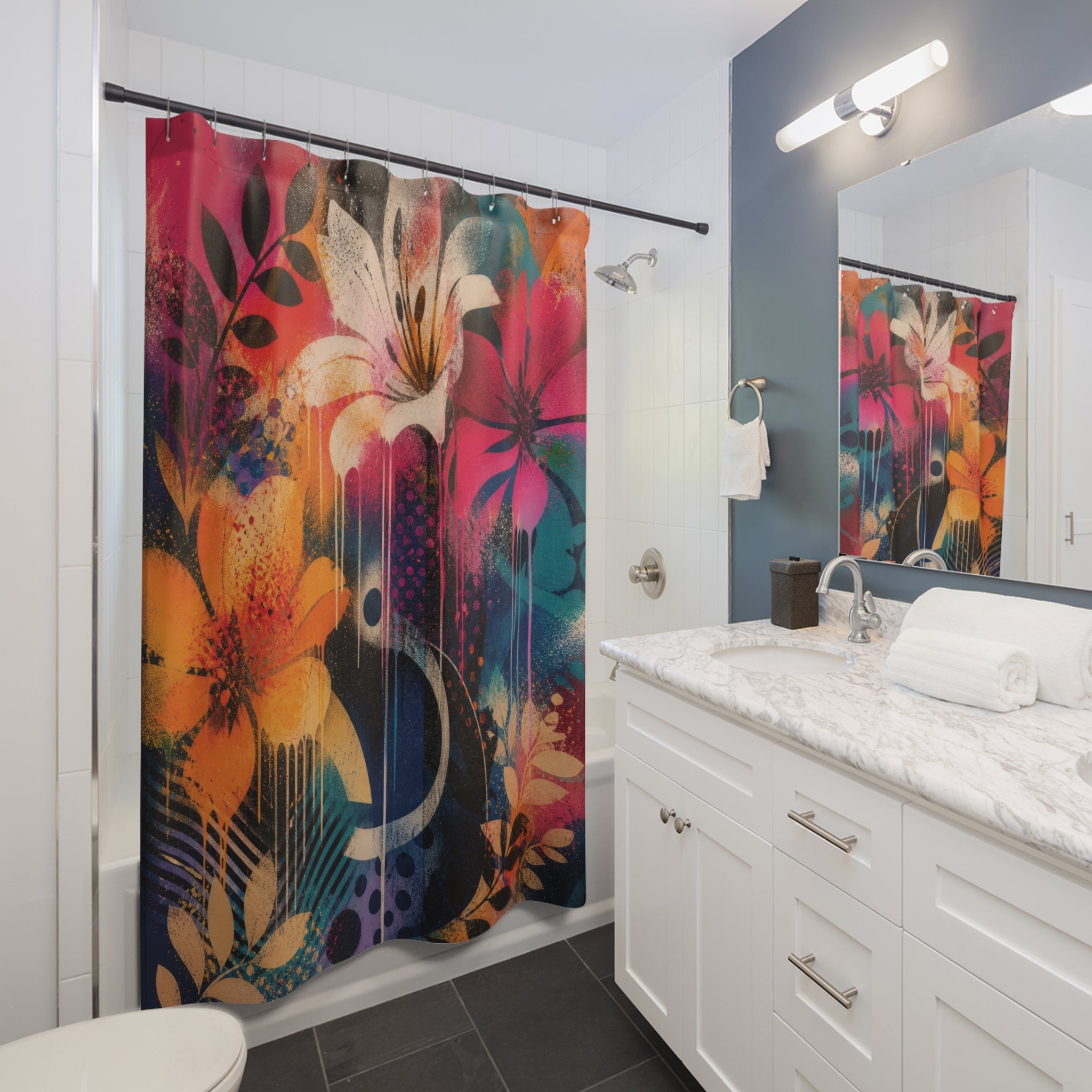Spray Paint Shower Curtain: Bright Abstract Floral Graffiti