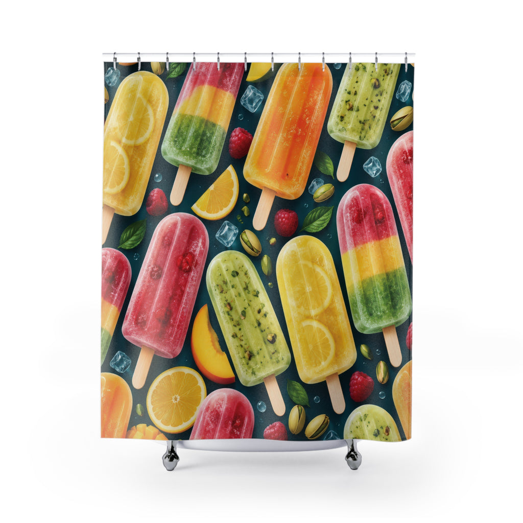 Pink, yellow and green ice pops with fruit on deep teal shower curtain with full front view