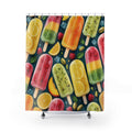 Pink, yellow and green ice pops with fruit on deep teal shower curtain with full front view