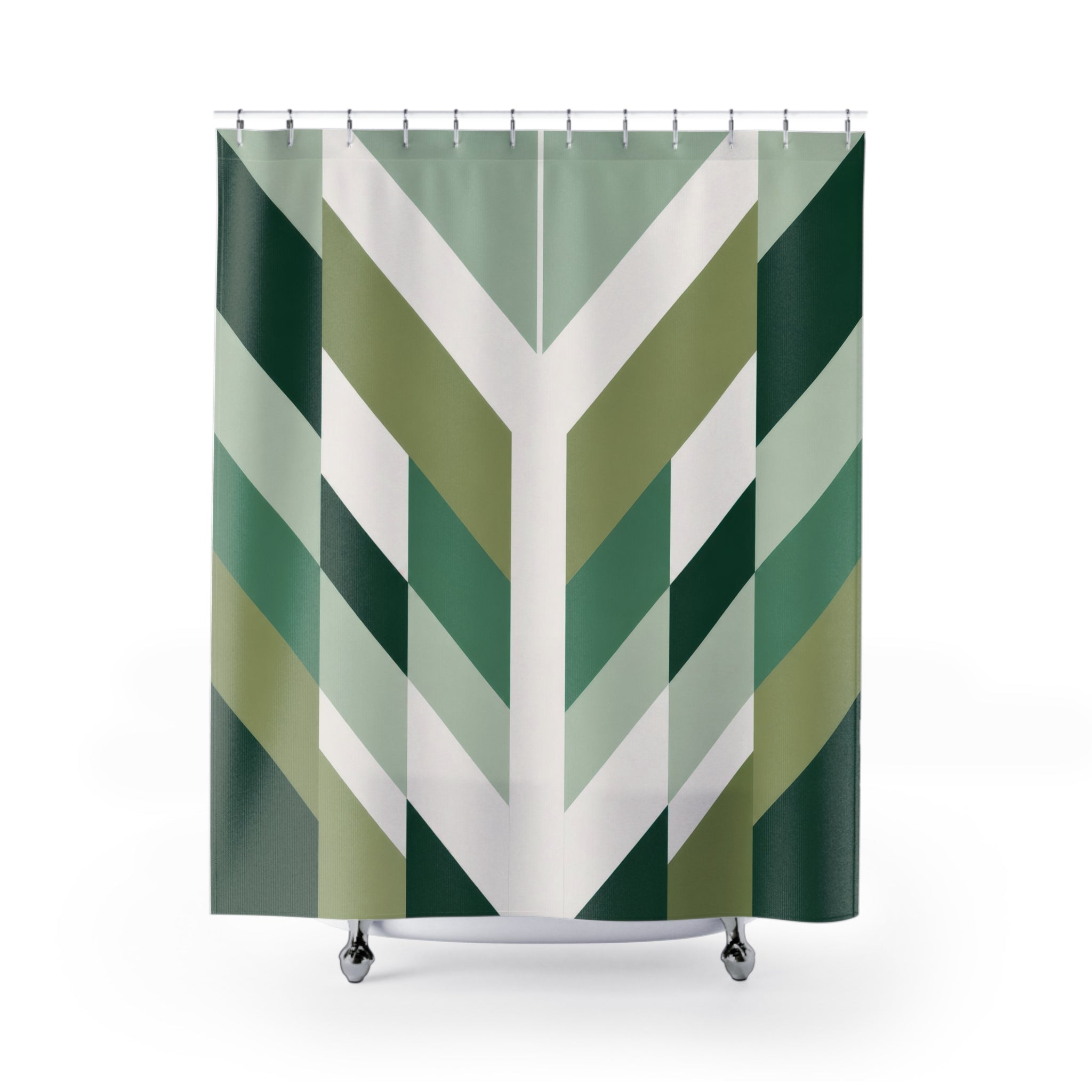 Green Stripe Shower Curtain, White Chevron Bath Decor, Sage Geometric Pattern, Modern Guest Bathroom Decor, Angled Green Style Decor