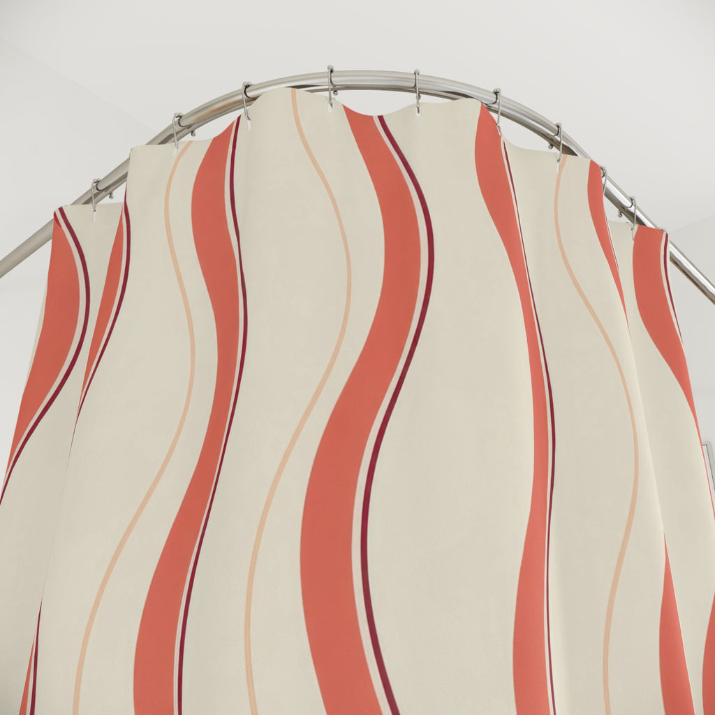 Coral wavy stripes with burgundy lines on cream shower curtain with close-up print, hooks, and folds