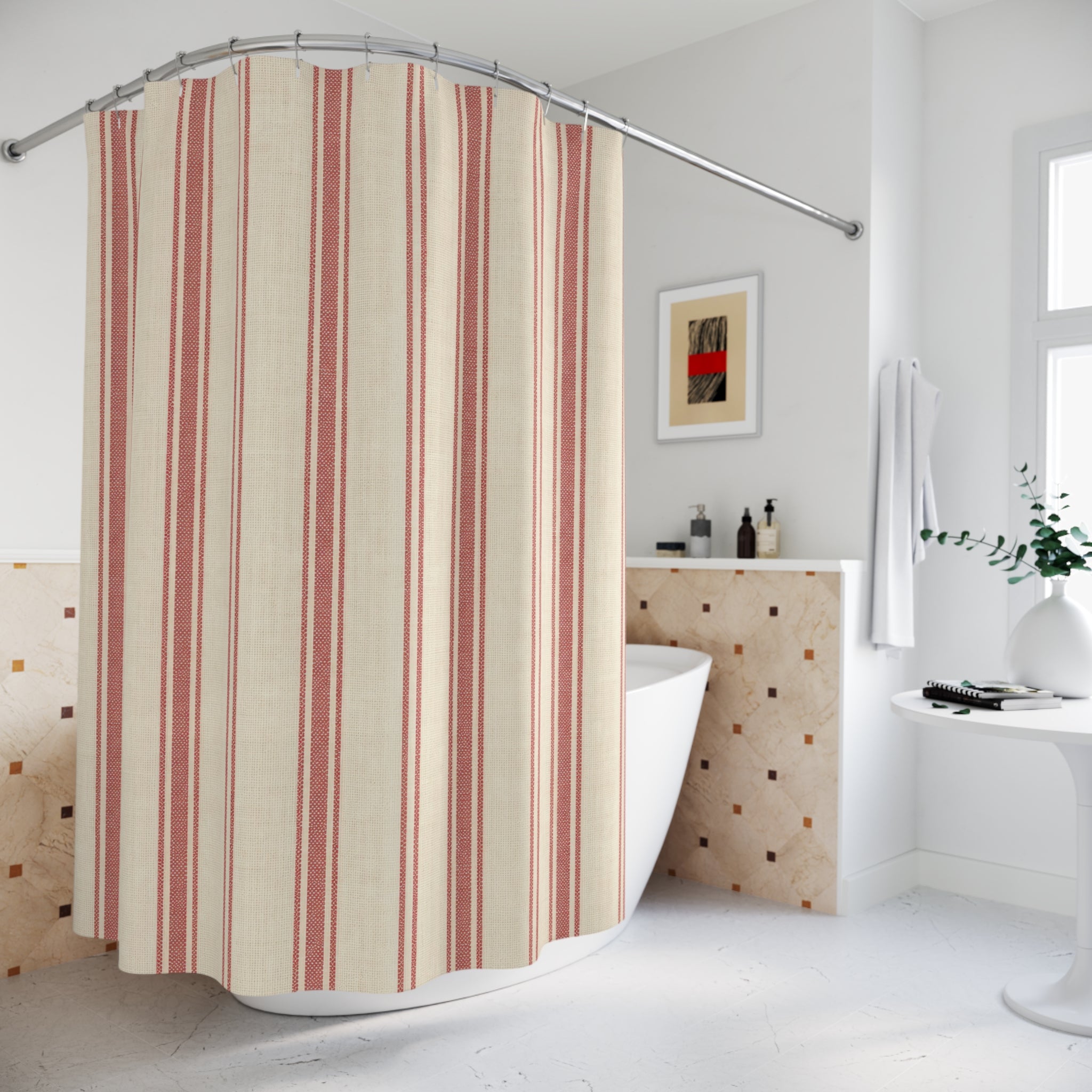 Red and White Ticking Stripe Shower Curtain