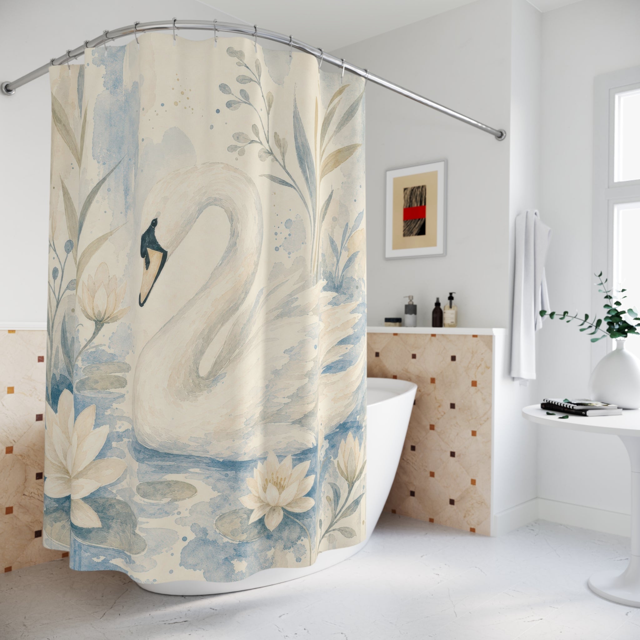 Watercolor Lake Swan Shower Curtain