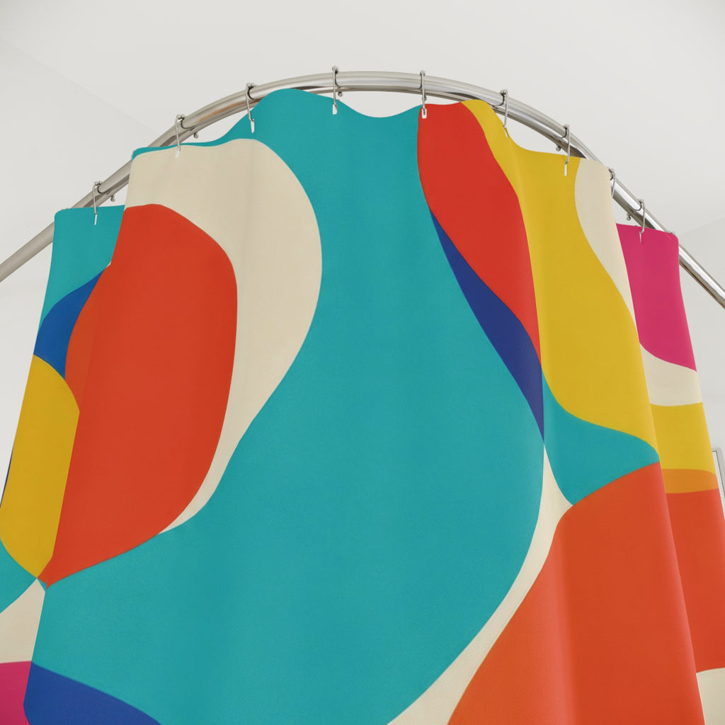 Turquoise, orange, pink and yellow circular bands on cream shower curtain with close-up print, hooks, and folds