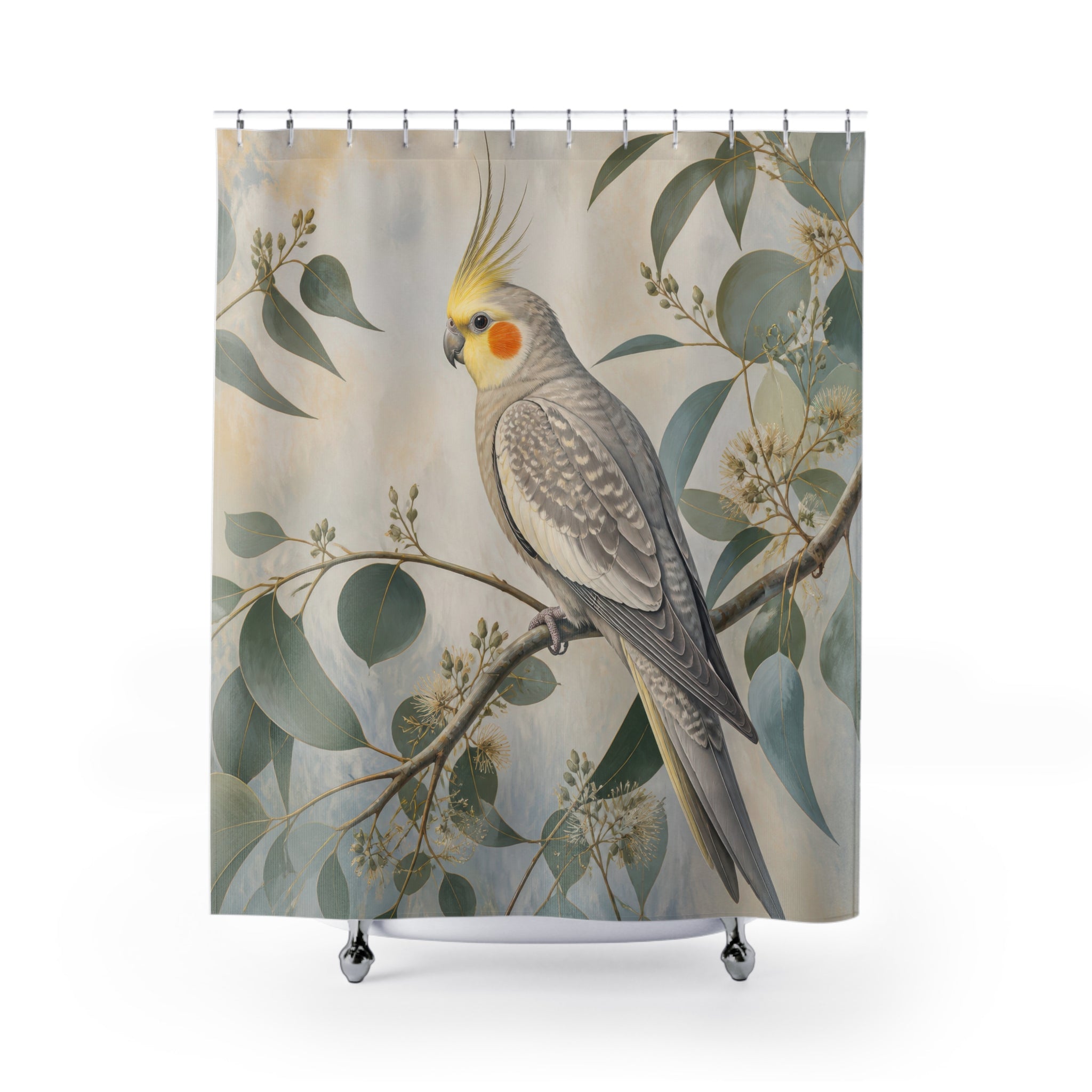 Grey cockatiel among sunlit eucalyptus leaves shower curtain, full front view