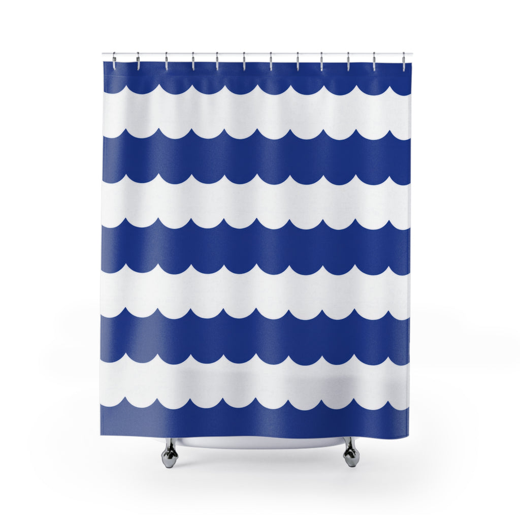 Cobalt and white horizontal scalloped stripes shower curtain with full front view