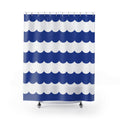 Cobalt and white horizontal scalloped stripes shower curtain with full front view