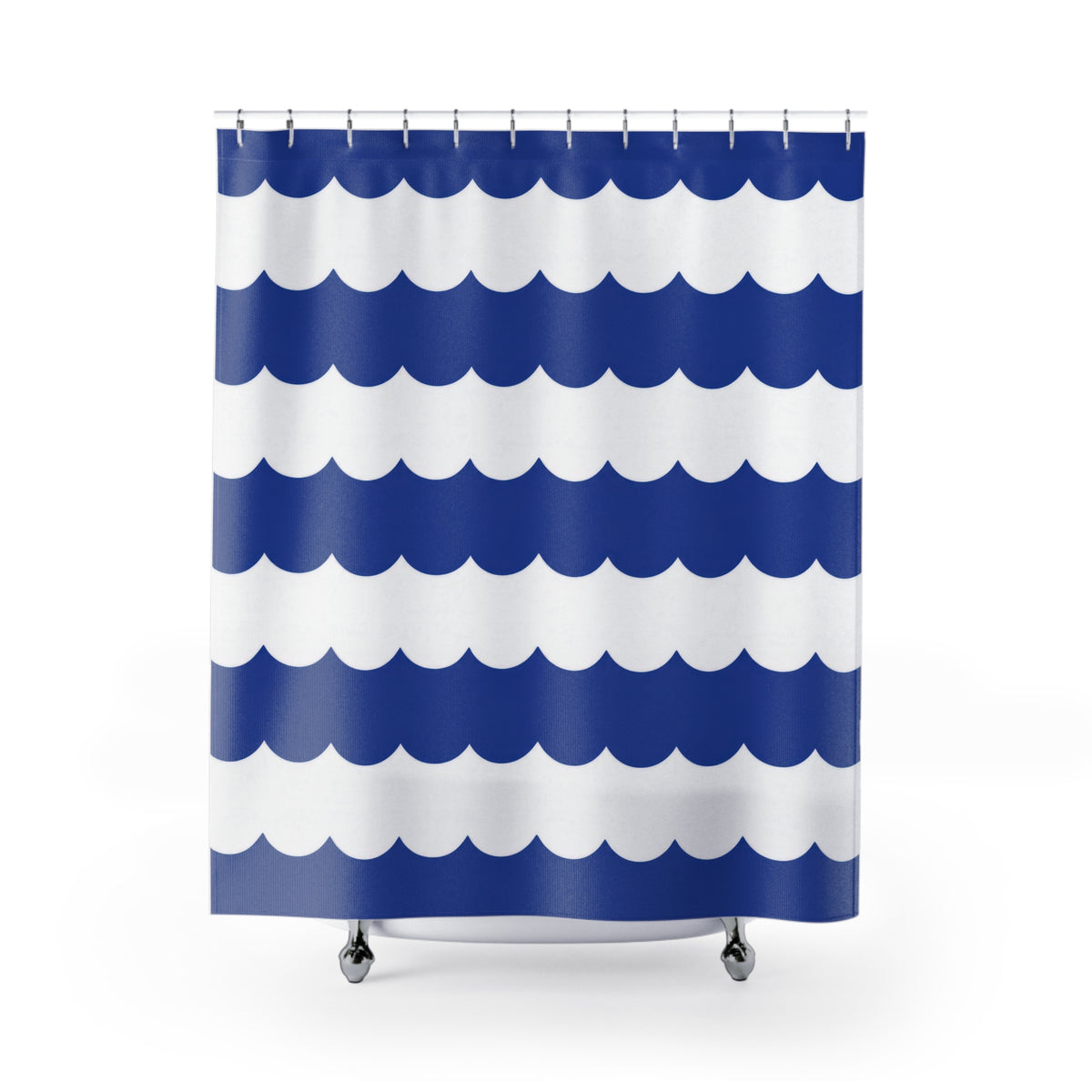 Cobalt and white horizontal scalloped stripes shower curtain with full front view