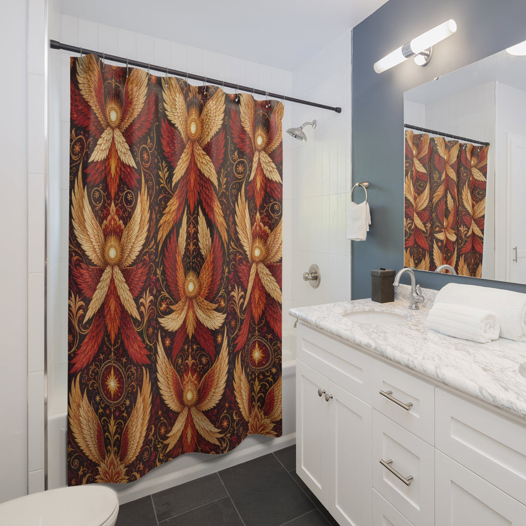 Seraphim Shower Curtain, Red Gold Six Wing Angel Pattern, Sacred Fire Spiritual Decor, Bold Mystical Bathroom Accent, Ruby Gold Bath Art