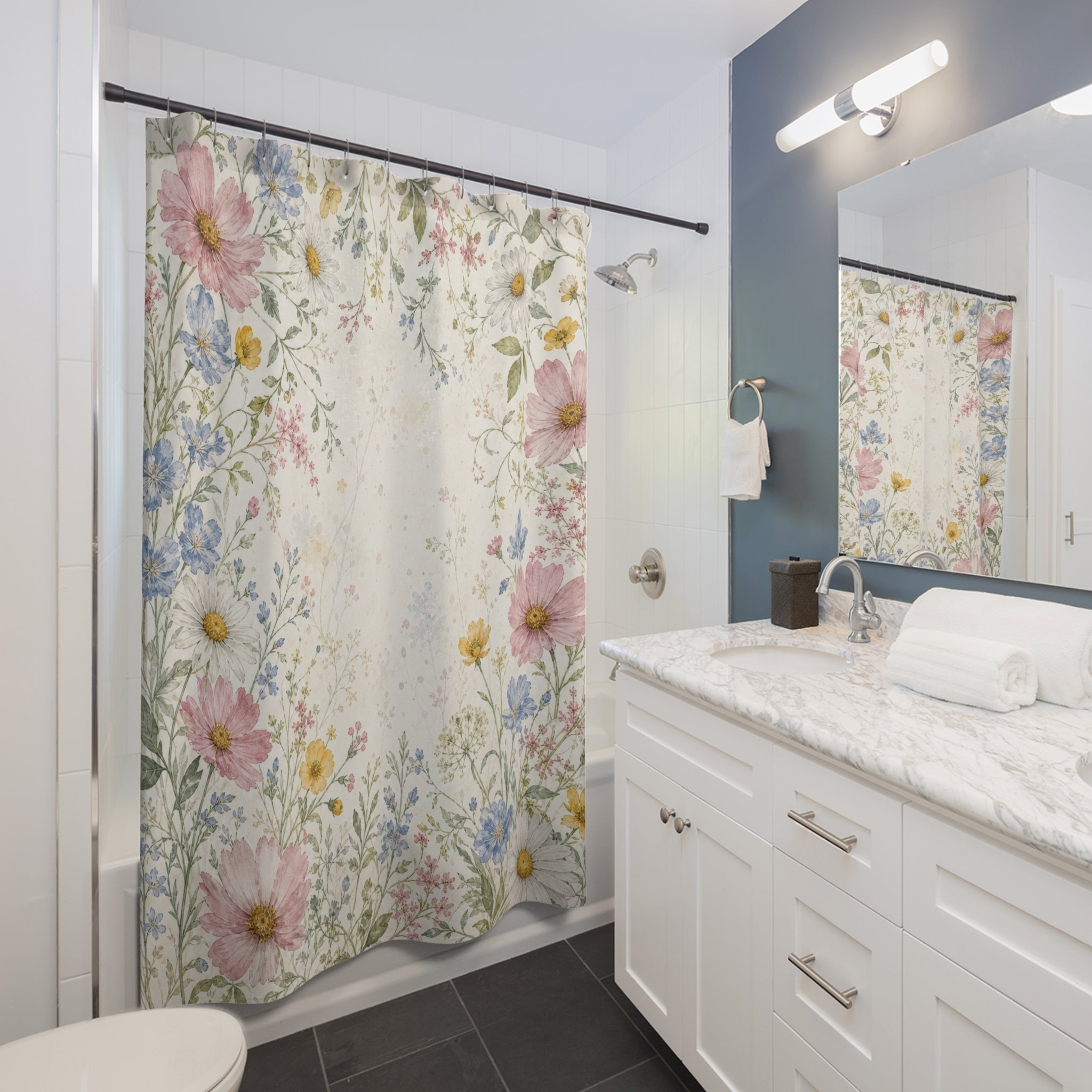 Pink Blue Wildflower Border Shower Curtain