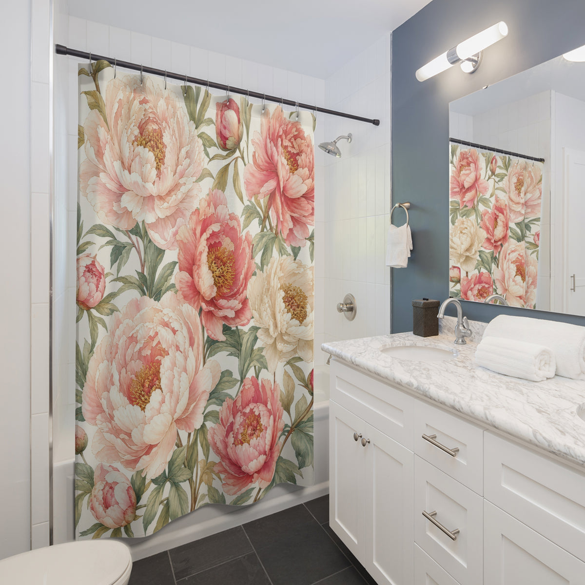 Pink Cream Floral Botanical peony shower curtain beside a white vanity