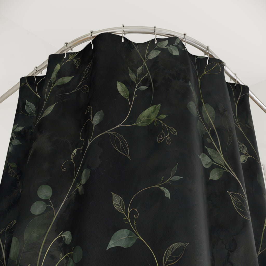 Black Green Botanical Dark Vine Floral Modern Shower Curtain