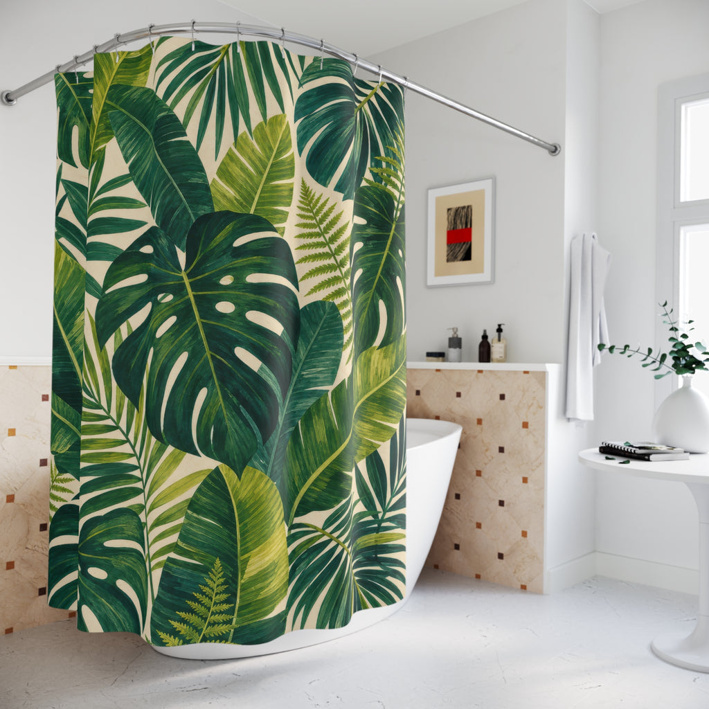 Tropical Shower Curtain, Monstera Palm Leaf Pattern, Green Botanical Bathroom Decor, Lush Tropical Green Wall Decor Guest Bath Wall Gift