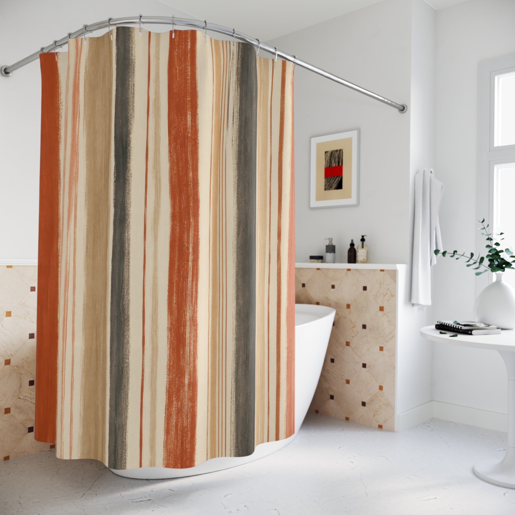 Terracotta Sage Teal Watercolor Stripe Shower Curtain