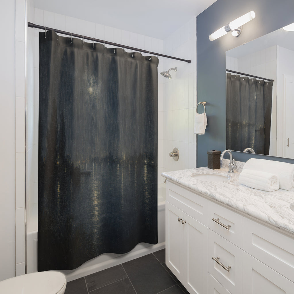 Dark Blue River Nocturne Print Shower Curtain