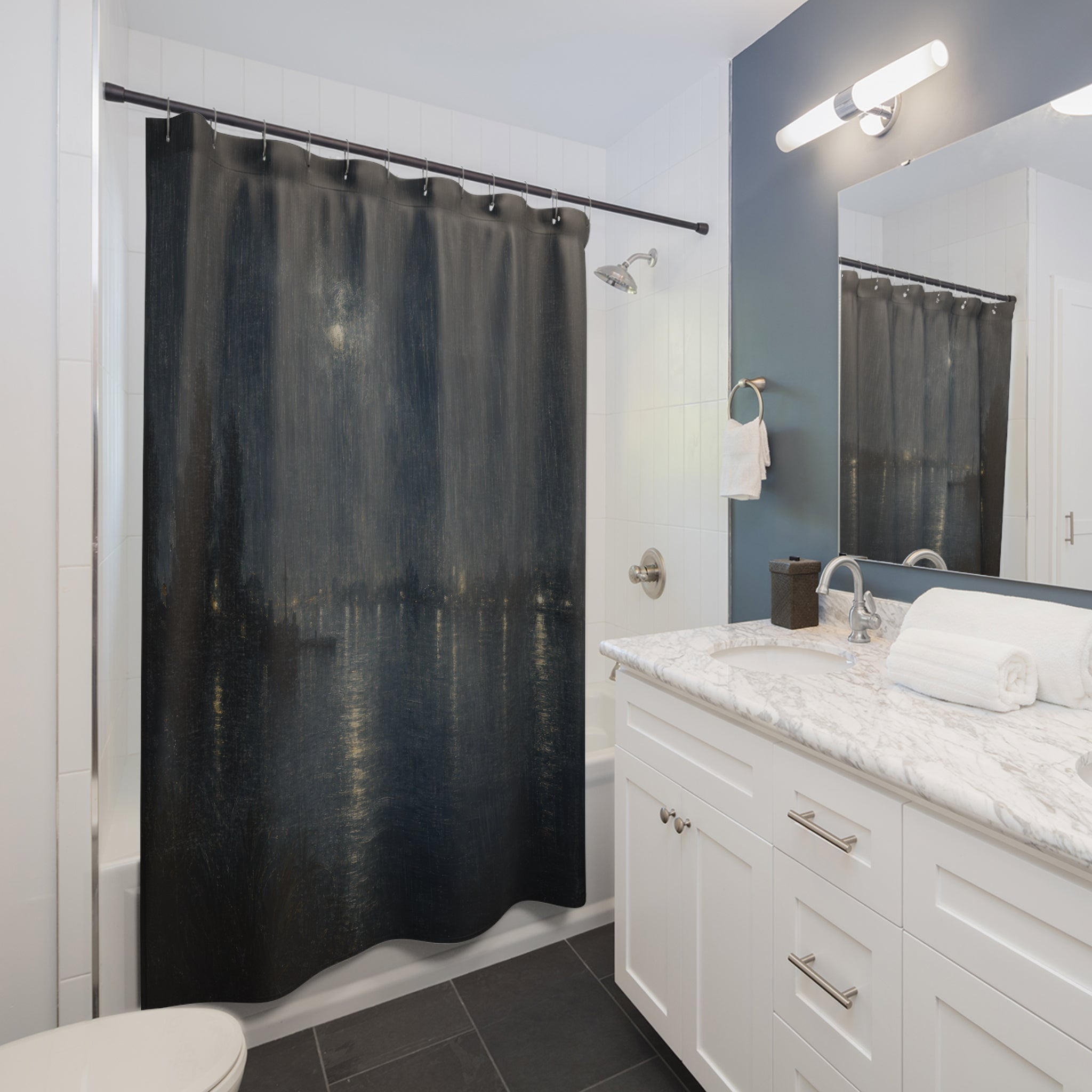 Dark Blue River Nocturne Print Shower Curtain