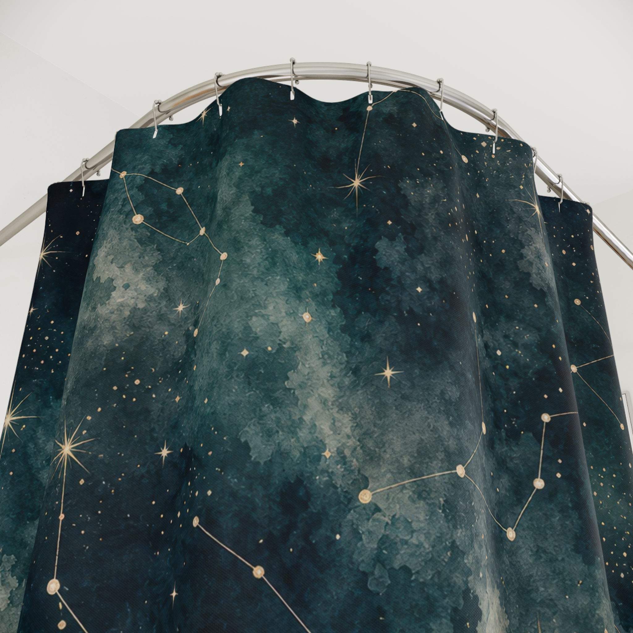 Constellation Shower Curtain, Dark Teal Starry Night Sky Pattern, Celestial Bathroom Decor, Astrology Guest Bath Mystical Style