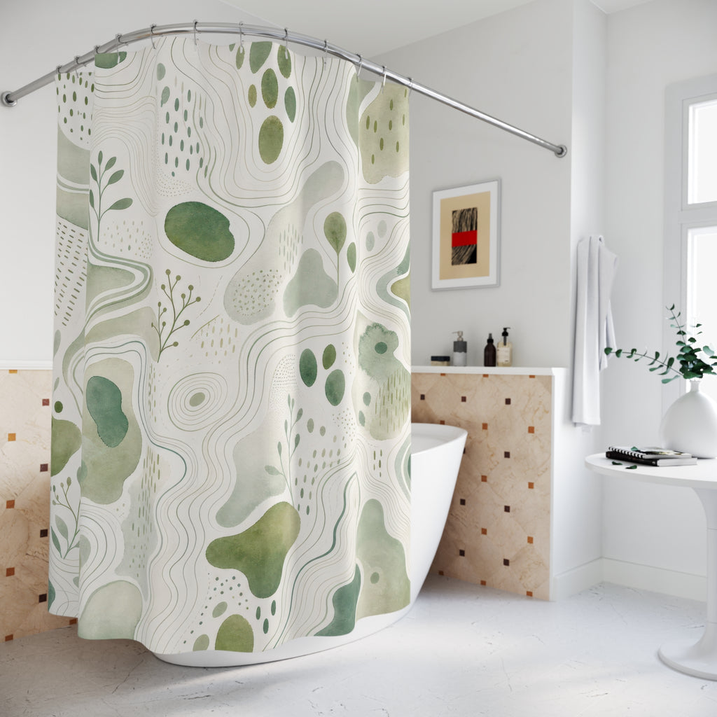 Green White Shower Curtain, Abstract Botanical Bath Decor, Sage Contour Pattern, Modern Guest Bathroom Decor, Organic Fresh Style Decor