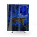 Cobalt moonlit jungle leopard shower curtain with full front view