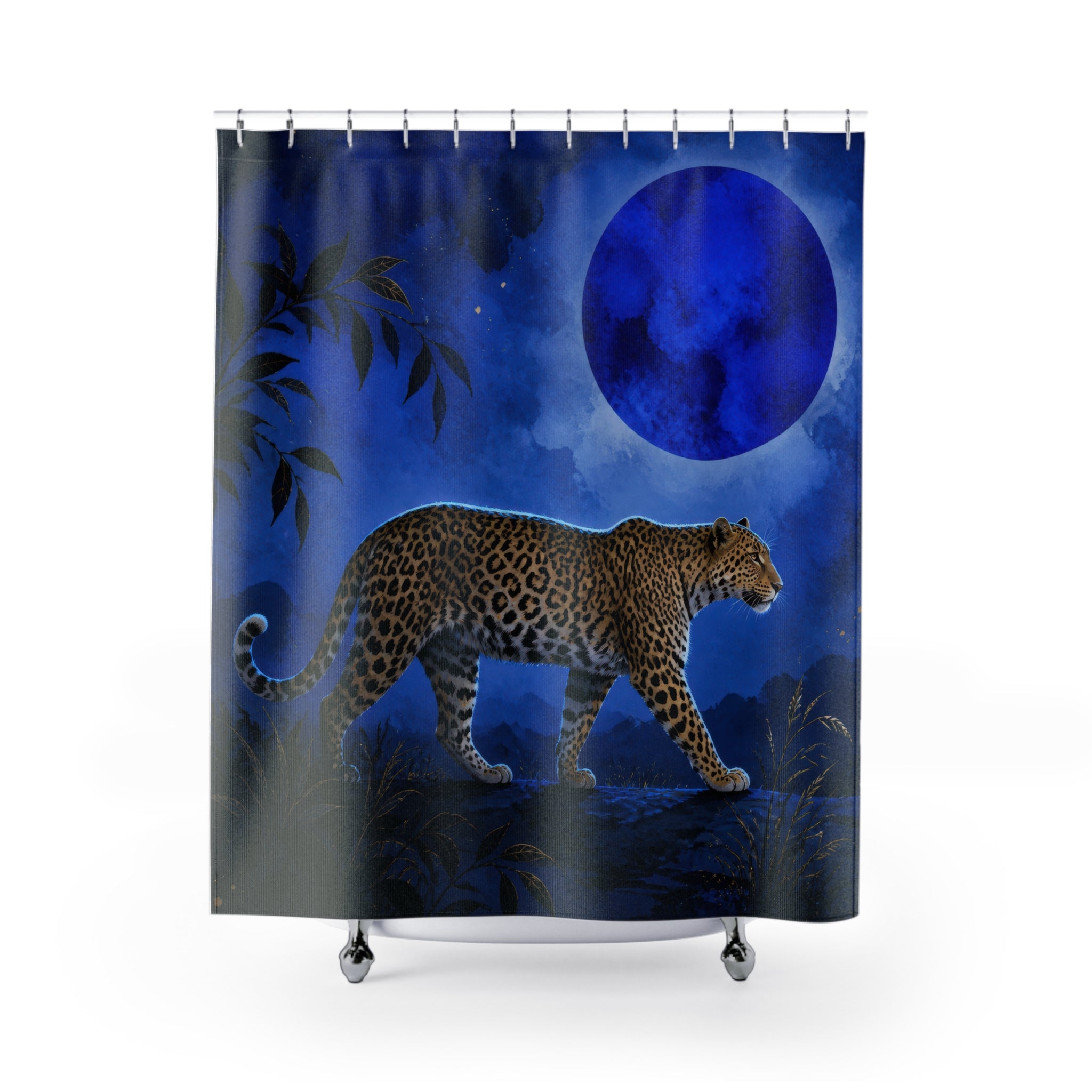 Cobalt moonlit jungle leopard shower curtain with full front view