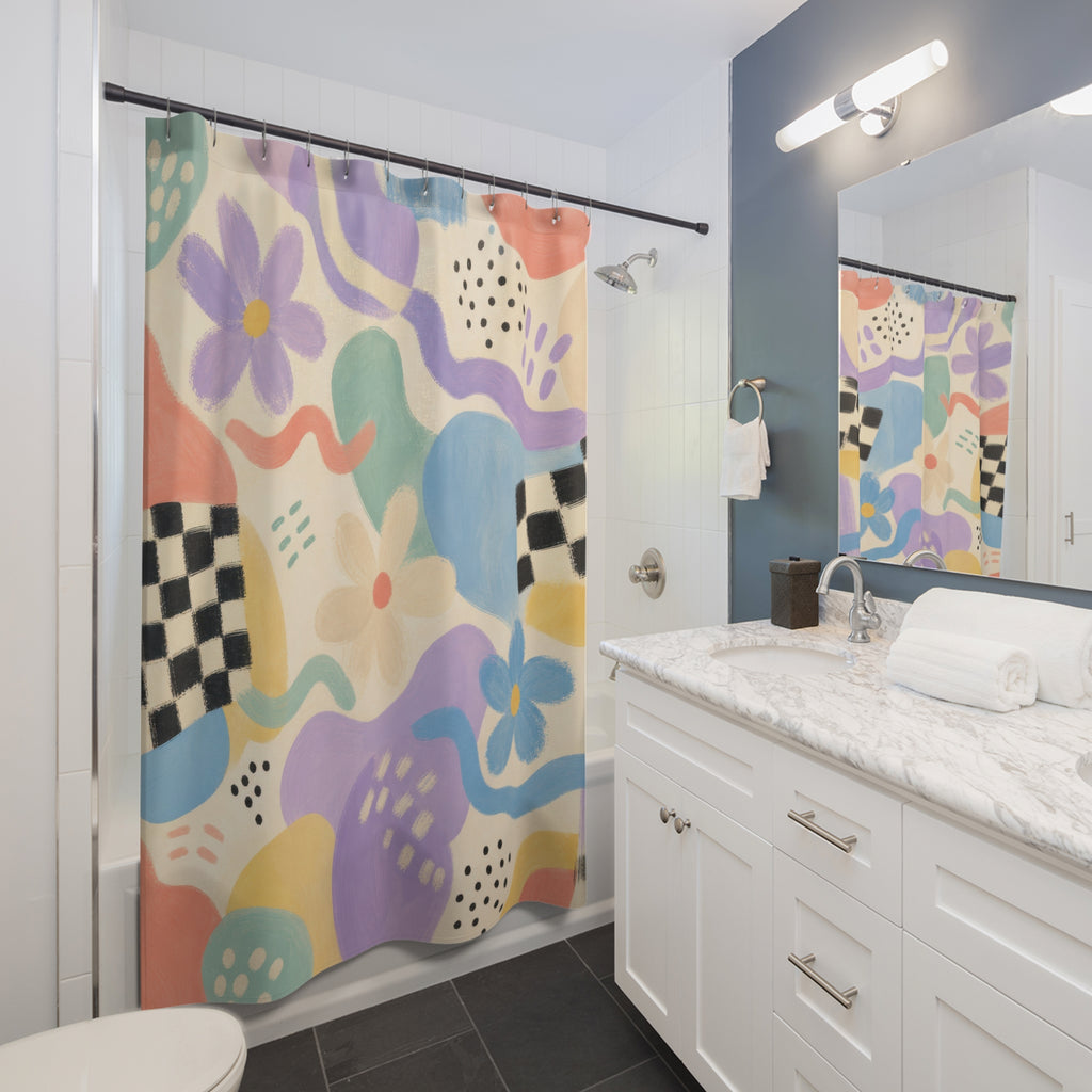 90s Abstract Shower Curtain, Painterly Pastel Flower Bath Decor, Sky Blue Lavender Checker Pattern, Retro Guest Bathroom Style Decor