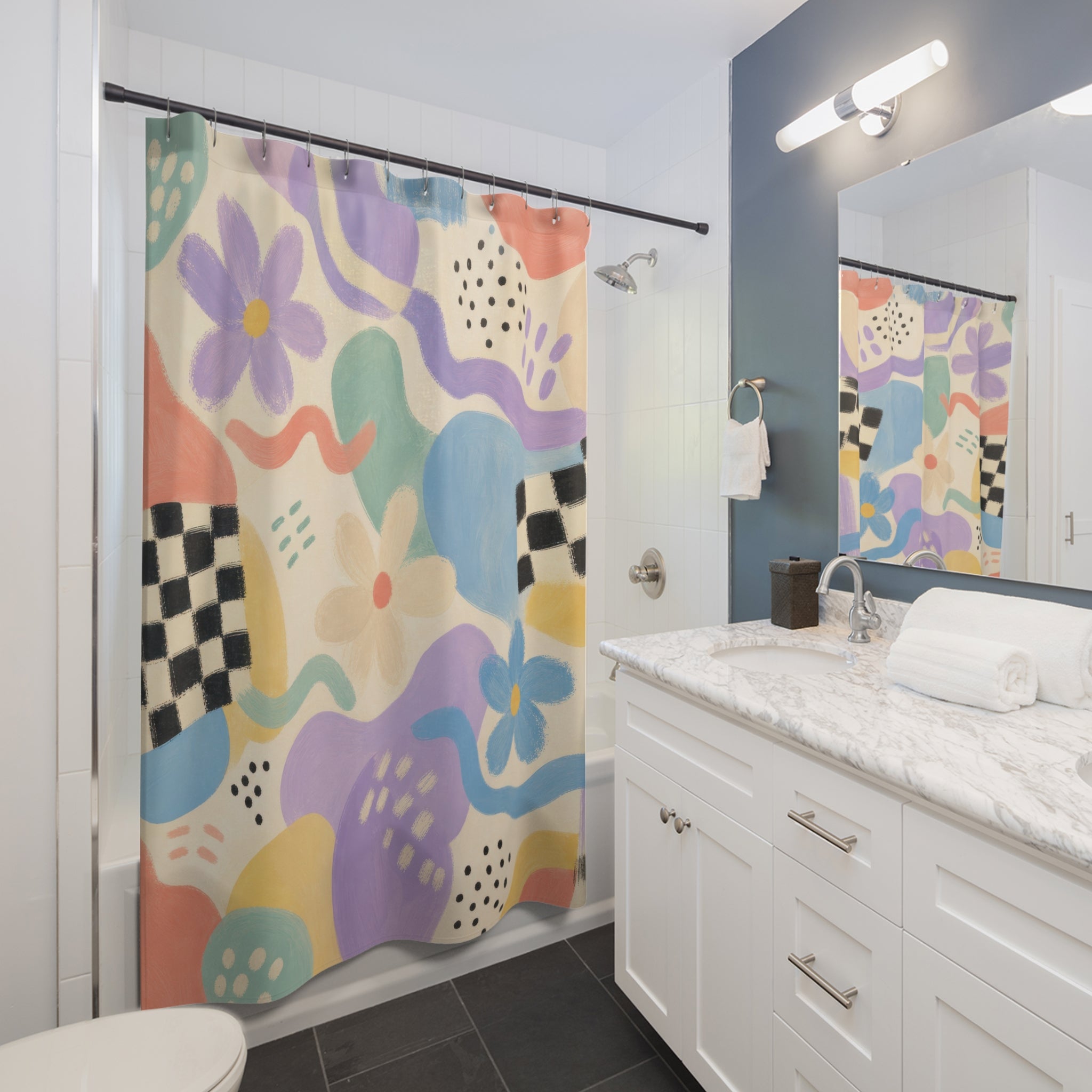 90s Abstract Shower Curtain, Painterly Pastel Flower Bath Decor, Sky Blue Lavender Checker Pattern, Retro Guest Bathroom Style Decor
