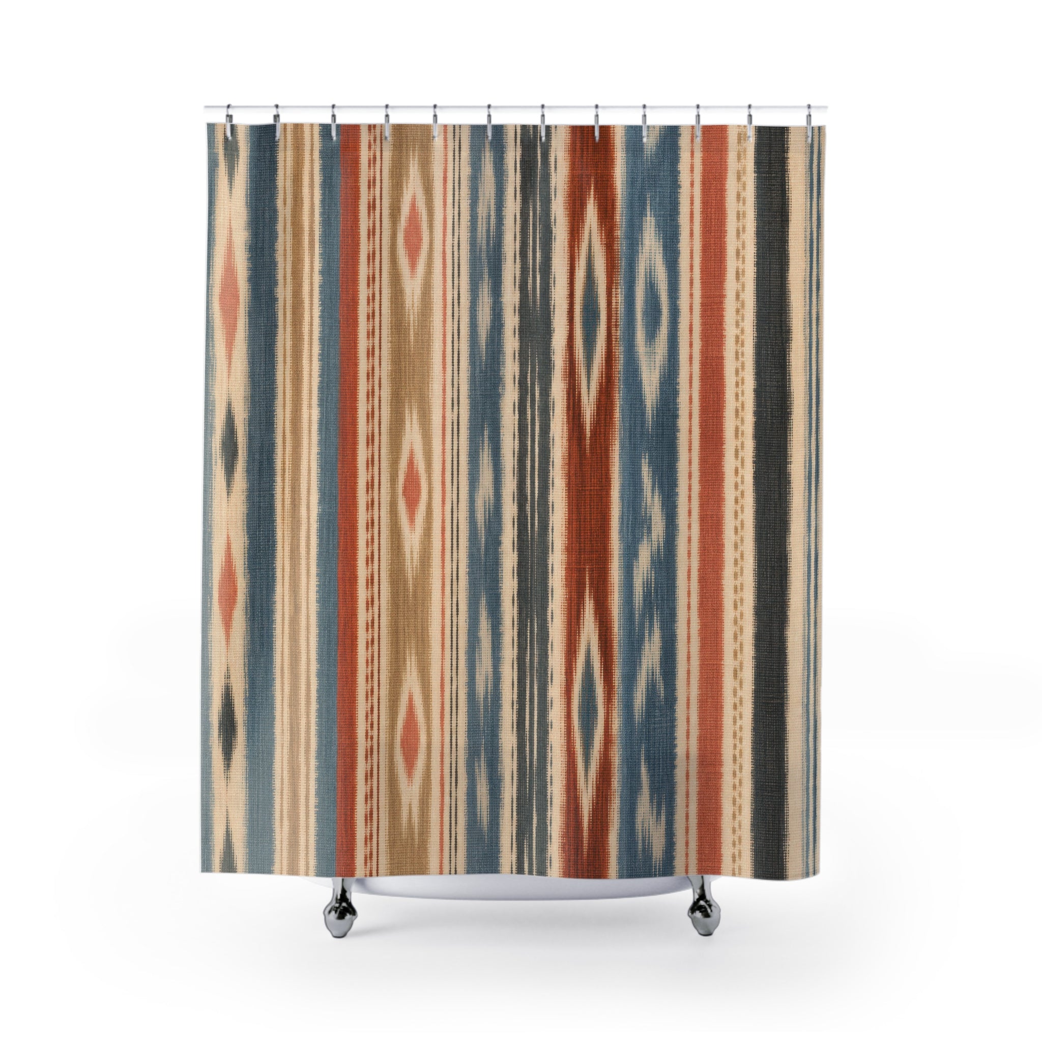 Terracotta Blue Ikat Inspired Stripe Shower Curtain