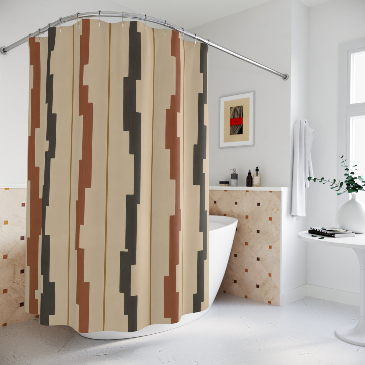 Terracotta and charcoal stepped stripes on sand shower curtain beside a freestanding tub